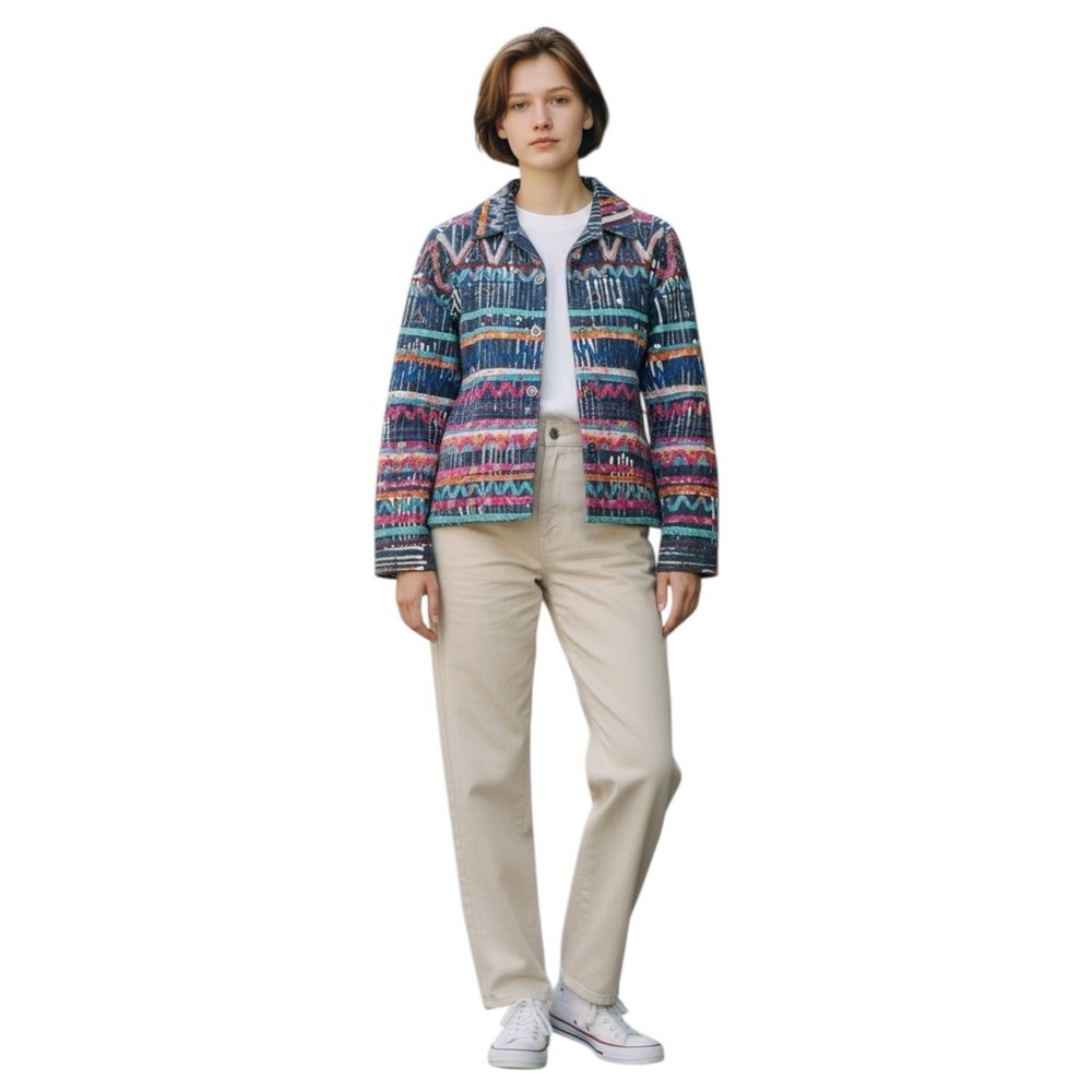 Chico's Embroidered Denim Jacket‎ Women Multicolor Textured Boho Artsy